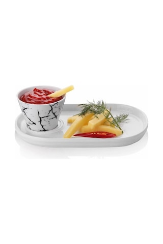 Oval Sunum Tabağı Konik Sosluk Desenli Sunumluk Sosluk 2'li Seti