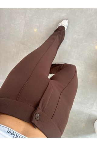Soonaksesuar Kadın Yüksek Bel Full Likralı Krep Kumaş Pantolon Kahve