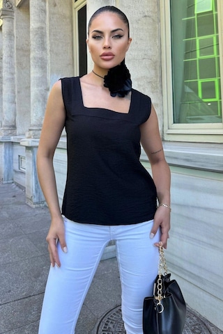 WeShaya Kadın Siyah Kalın Askılı, Kare Yaka, Salaş Keten Bluz Siyah