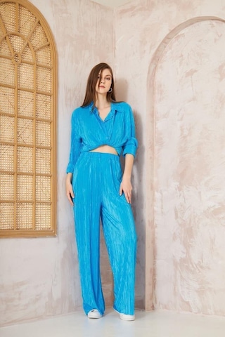 Kadın Pliseli Beli Lastikli Pantolon Tunik Gömlek Ikili Bürümcük Salaş Takım 3573300 Mavi