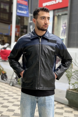 Rocqerx X-2024 Nakış Detaylı İçi Kapitoneli Deri Mont Lacivert