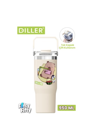 Dıller Tumbler 950 Ml Tek Kapak Çift Kullanım Pipetli/pipetsiz Taşıma Kulplu Çelik Termos-ffdıllerd9358 Çok Renkli