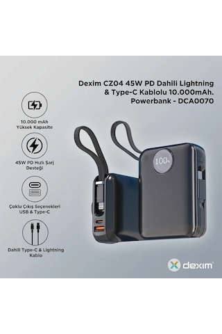 Dexim 10.000 Mah 45w Lightning Type-c Kablolu Hızlı Taşınabilir Güç Kaynağı Çok Renkli