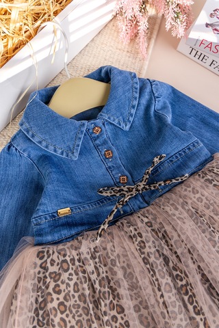 Babymod Denim Leopar Desenli Şık Özel Gün Kız Bebek Elbise Bej