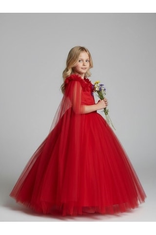 Zekids Kız Çocuk Kol Detaylı Prenses Model Abiye Elbise-17245 Kırmızı