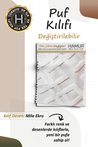 Yıkanabilir Puf Tabure Kılıfı Tak-Çıkar-Değiştir-Yenile Orta Sehpa Kılıfı 40x22 Mila Ekru
