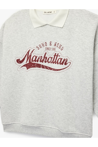 Koton Uzun Kollu Baskılı Oversize Polo Yaka Sweatshirt Kar Melanj 6sal10429ık Gri Melanj