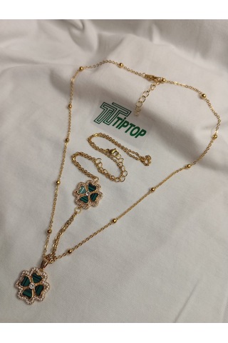 Tiptop/ Yeşil Mineli Yonca Model Gold Renk Kolye Ve Şahmeran Set Gold