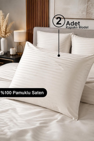 %100 Pamuk Saten Çizgili Kapaklı Yastık Kılıfı 2'li Lüx Otel Kalitesi 50x70 Krem Taş