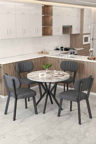 Gnr 90cm Sabit Efes Mutfak Masası Takımı, Yemek Masası, 4 Modern Antrasit Sandalye Antrasit