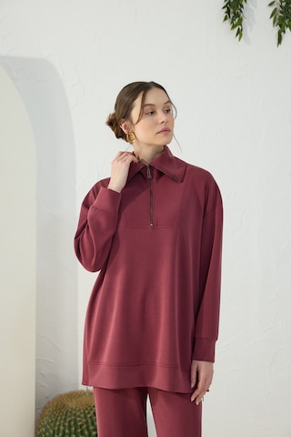 Aker Bordo Yakası Ve Yan Yırtmaçları Fermuarlı Modal Sweatshirt Bordo Bordo