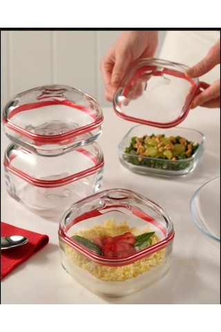 Paşabahçe Plus Kapaklı Kahvaltılık - 4 Lü Çok Amaçlı Cam Saklama Kabı Silikon Contalı 2 Boy