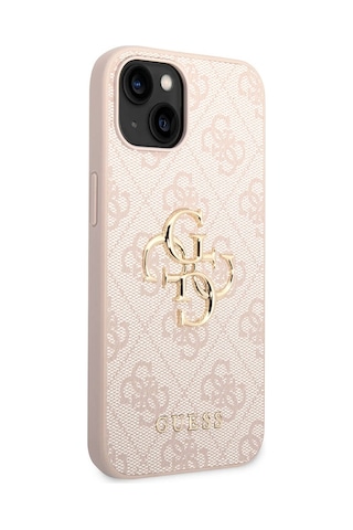 Apple Uyumlu iPhone 15 Kılıf Guess Lisanslı Pu Deri Yazı Ve 4g Metal Logolu Desenli Kapak Pembe