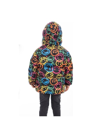 Erkek Çocuk Gülen Emoji İçi Polarlı Kürklü Su Ve Rüzgar Geçirmez Kapüşonlu Cepli Kışlık Şişme Mont Çok Renkli