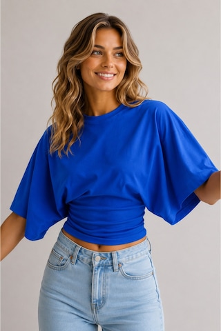 Overmax Bele Oturan Oversize Kollu Premium Crop Bluz Mavi - 880759104 Mavi
