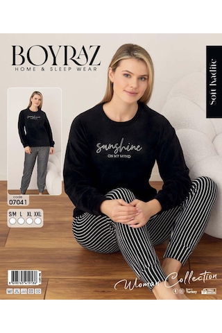 Boyraz Kadın Kışlık Bisiklet Yaka Soft Kadife Pijama Takımı 07041 - 1 Adet Siyah