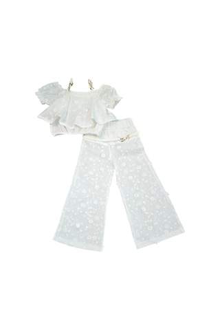 İspanyol Paça Pantolonlu Keten Kız Çocuk Takım Beyaz