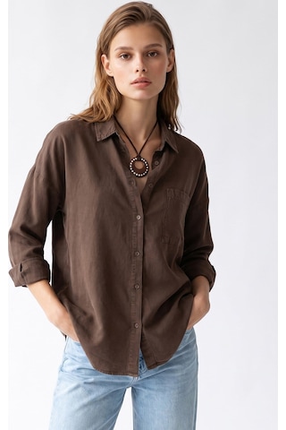 Mixray 4963 Kadın Tencel Kumaş Oversize Cepli Uzun Kollu Gömlek Kahve