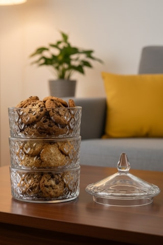 3 Katlı Kapaklı Kristalize Cam Drajelik-kurabiyelik-şekerlik 12,5 Cm Beyaz