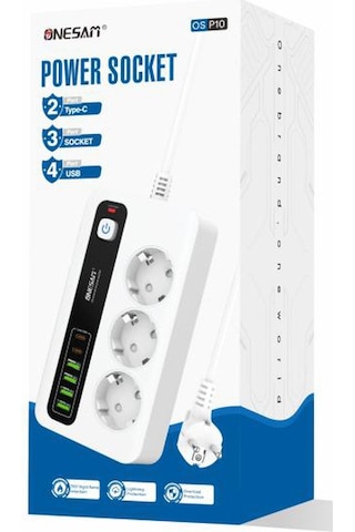 Akım Korumalı 4 Usb'li Ve 3 Type-c Li 3'lü Grup Priz 2 M Uzatma Kablosu Beyaz 1.5 M