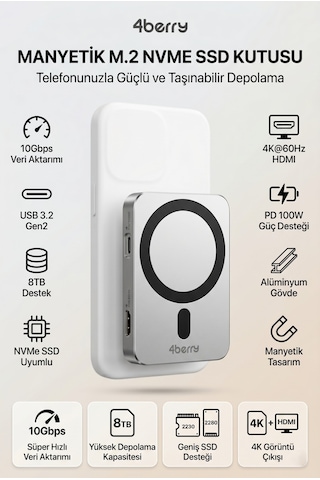 4berry Manyetik M.2 Nvme Telefon Ssd Kutusu 10gbps, Magsafe Uyumlu, 4k Hdmı & 100w Pd Destekli Harici Hard Disk Kutusu