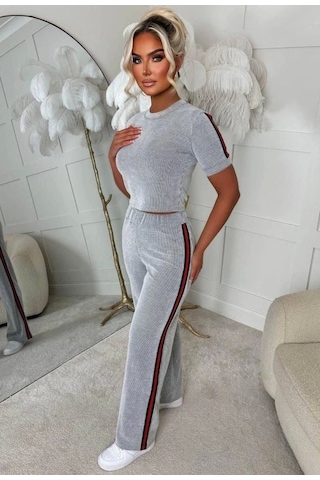 Defymoda Kadın Bisiklet Yaka Yanı Şerit Detay Bluz Ve Pantolon Ikili Takım Gri