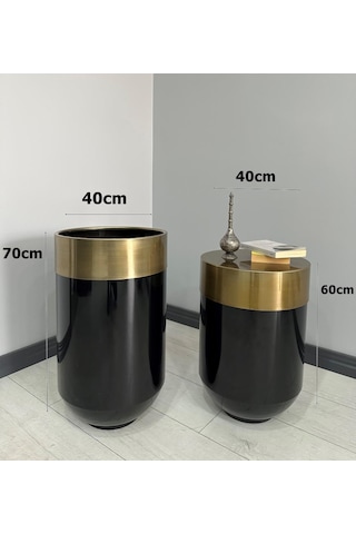Dekoratif Eskitme Darbuka Parlak Siyah Saksı 70cm + Sehpa 60cm İkili Set