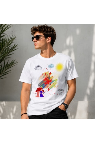 Gün Batımı Manzaralı Özel Tasarım Pamuklu Baskılı T-shirt Beyaz - Siyah