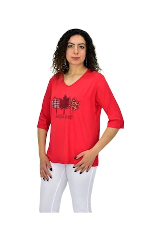 Caftan Kadın Kısa Kol Taşlı Bluz Bgl-st04711 Kırmızı