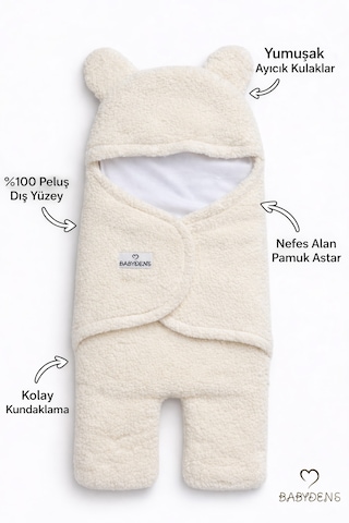 Babyden's 0-12 Ay Welsoft Peluş Bebek Dış Kundak Uyku Tulumu Ayıcık Kulaklı İçi %100 Pamuk Astarlı Battaniye Ekru