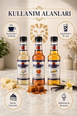 Simonelli Kahve ve Kokteyl Şurubu Seti Karamel Beyaz Çikolata ve Vanilya Aromalı İçecek Şurubu 3 x 250 ML