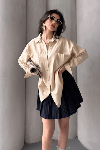 Paw Garage Kadın Harper Çift Cepli Oversize Keten Gömlek, 2025 Summer Collection Taş