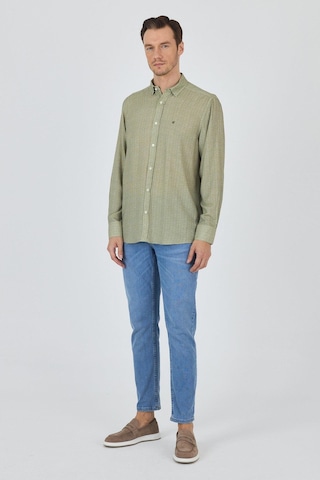 İmza Koyu Haki Uzun Kol Baskılı Cepsiz Keten Casual Slim Fit Gömlek 1004250112 Koyu Haki