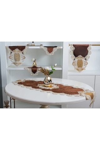 Aydan Aplikeli Güpürlü Kadife Kahverengi Salon Takımı 5 Parça 50 X 140 Cm 1451 Kahve
