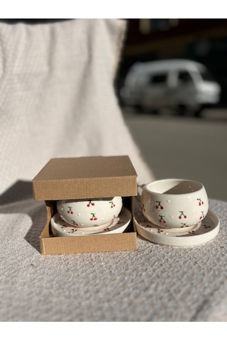 El Yapımı Seramik Kupa, Mug, Türk Kahvesi Bardağı Kiraz Desenli