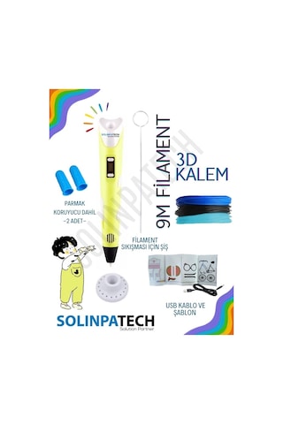 Sarı 3D Kalem 3D Pen 3 Boyutlu Yazıcı Kalem 3 Renk 9 Metre Filament + USB KABLO