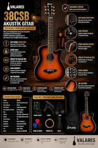 Valares 38c Kesik Kasa Sap Ayarlı Akustik Gitar 38 4/4 Full Aksesuar Hediyeli Sunburst Suhr Burst