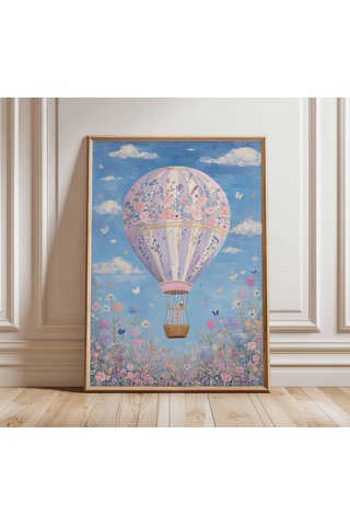 Hayalperest Çiçekli Sıcak Hava Balonu Sanat Baskısı Pastel Kır Evi Tarzı Maksimalist Çocuk Odası Duvar Dekoru