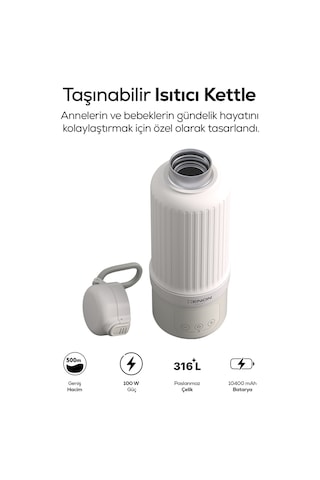 Xenon Smart Taşınabilir Su Isıtıcı Modüler Bataryalı, 500 Ml, Paslanmaz Çelik, Sıcaklık Ayarlı, Mama Ve Süt Isıtıcı X1004