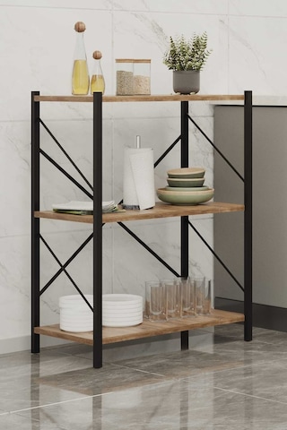 Üç Katli Çok Amaçli Raf Siyah Profil Çam Sunta 60x24x80 Cm Siyah-çam