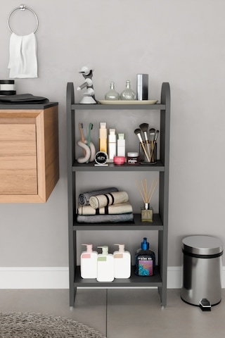 Alpaevmobilya Modern 4 Raflı Oval Kesim Banyo Düzenleyici Raf Metal Ayaklı Çok Amaçlı Raf Banyo Dolabı Açık Dolap Antrasit