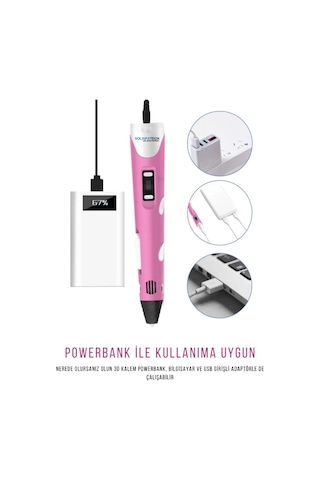 Pembe 3D Kalem 3D Pen Yazıcı Kalem | 20 Adet 5 Metre (Toplam 100 Metre) Filament + USB KABLO