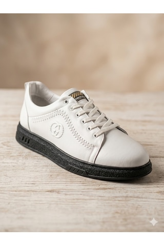 Baloğlu 1980 Beyaz-siyah Hakiki Deri Günlük Erkek Sneaker Ayakkabı Beyaz
