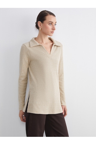Lcw Comfort Bej Polo Yaka Parlak Görünümlü Bluz