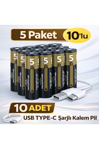 Usb Type-c Girişli Şarjlı Aa Lityum Pil 1.5v Sabit Çıkış 3200mwh 5'li Paket - 10 Adet