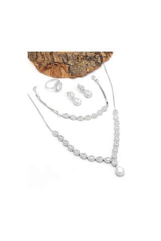 Zirkon Taşlı Damla Model 925 Ayar Gümüş Kadın Dörtlü Set 201025662