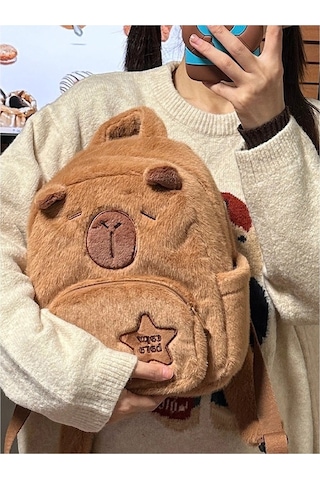 Didadodo Sevimli Ve Çok Yönlü Güzel Tasarım Capibala Peluş Sırt Çantası Kahverengi