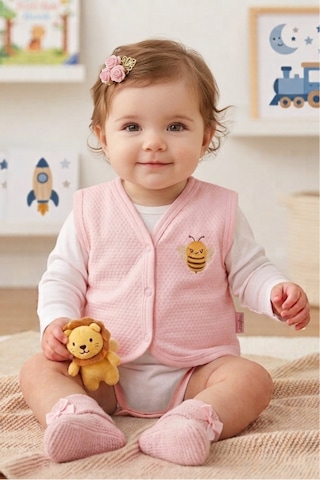 Bambık Nayinom Arı Nakışlı Penye Bebek Yeleği 0-12 Ay Pembe Pembe
