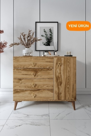 Simple 4 Çekmeceli 1 Kapaklı Modern Şifonyer Ceviz Ceviz