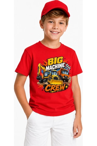 Bayloranzzo Machine Crew Kepçe Kamyon Ekibi %100 Pamuk Premium Kalite Erkek Çocuk Tişörtü Kırmızı